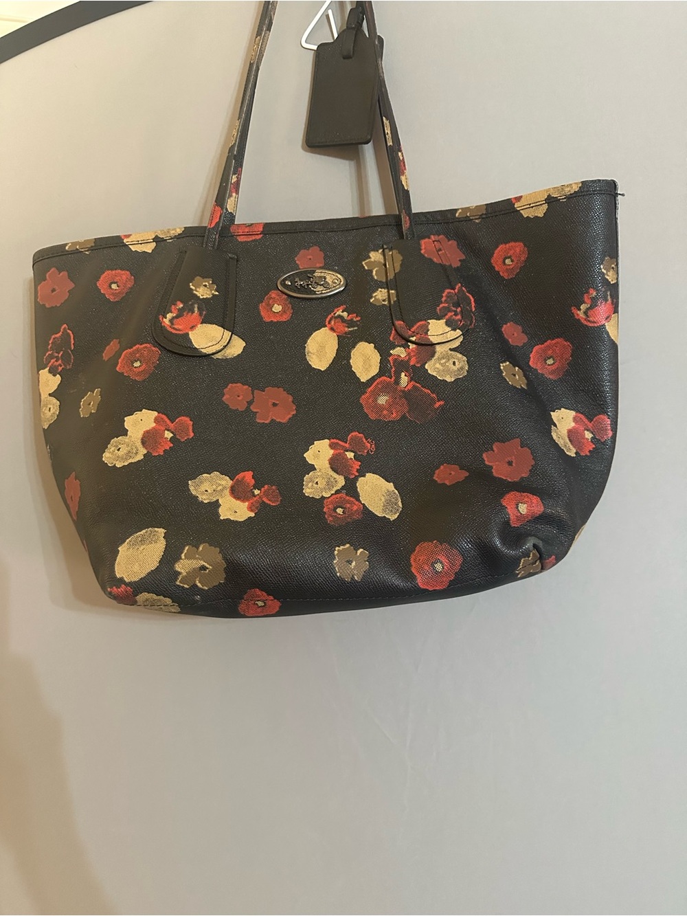 Coach Black Tote with Red and Cream Floral Print
